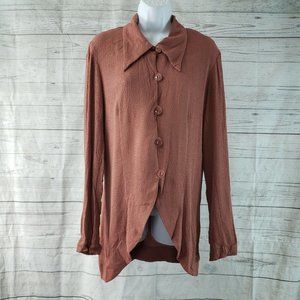 Terry Ward Womens Button Front Top Sz Large Reddish Brown Long Sleeve Crepe